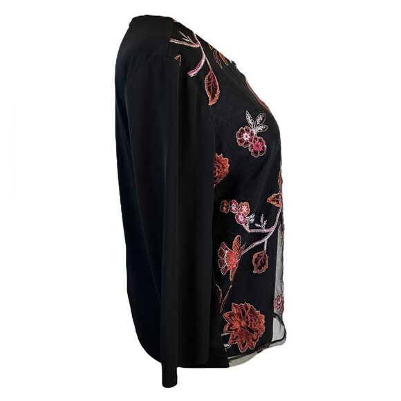Liz Claiborne Career Black Orange Floral Long Sleeve Crew Neck top Blouse - Picture 3 of 7